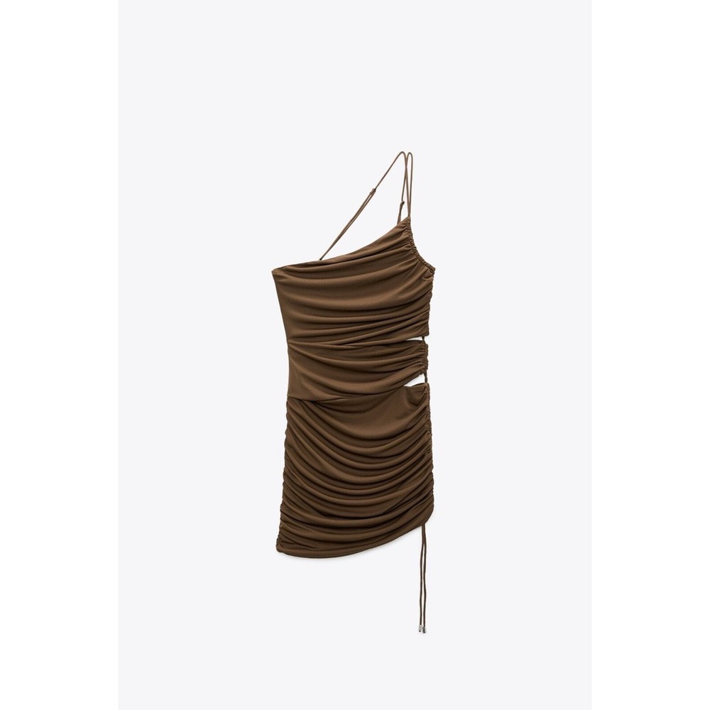 Zara Brown Ruched One Shoulder Cut Out Mini Dress Womens Medium Club Going Out - Picture 7 of 7